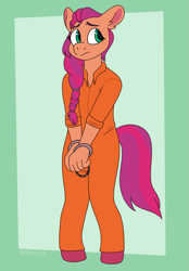 Size: 2257x3250 | Tagged: safe, artist:retromochi, imported from derpibooru, sunny starscout, anthro, unguligrade anthro, clothes, colored hooves, cuffs, g5, high res, my little pony: a new generation, prison outfit, prisoner, sad