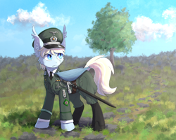 Size: 2500x2000 | Tagged: safe, artist:frederick baron's profile, imported from derpibooru, oc, oc only, bat pony, pony, 1962, armed police, blue coat, blue eyes, clothes, ear fluff, germany, hat, high res, military, military uniform, nazi, police uniform, saber, slit pupils, swastika, sword, the new order, tno, uniform, weapon, wings, yellow hair