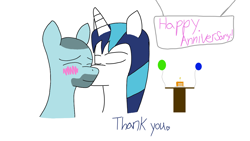 Size: 1280x720 | Tagged: safe, imported from derpibooru, shining armor, oc, oc:gameplay, pegasus, pony, unicorn, balloon, blushing, cake, canon x oc, colored, cute, digital art, food, gay, kissing, male, mlp fim's eleventh anniversary, shipping, simple background, stallion, text, white background