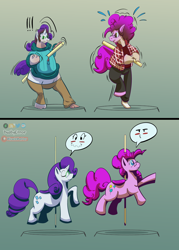 Size: 2000x2800 | Tagged: safe, artist:dustyerror, imported from derpibooru, pinkie pie, rarity, oc, oc:cassette, oc:crimson rune, earth pony, human, pony, unicorn, blush sticker, blushing, carousel, character to character, clothes, commission, duckface, duo, emanata, emotions, exclamation point, eyes closed, female, glasses, gradient background, gritted teeth, high res, human oc, human to pony, inanimate tf, jacket, male to female, mare, open mouth, pants, plastic, pole, raised hoof, rule 63, shirt, smiling, speech bubble, sweater, torn clothes, transformation, transgender transformation, wavy mouth