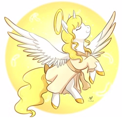 Size: 1248x1220 | Tagged: safe, artist:foxhatart, imported from derpibooru, oc, oc only, oc:golden skies, alicorn, pony, alicorn oc, angel, clothes, colored wings, female, halo, holy, horn, mare, simple background, solo, two toned wings, white background, wings, yellow