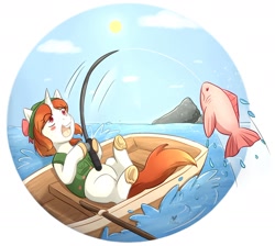 Size: 1584x1419 | Tagged: safe, artist:foxhatart, imported from derpibooru, oc, oc only, oc:flare, fish, pony, unicorn, boat, cloud, female, fishing, fishing boat, mare, simple background, sky, solo, sun, white background