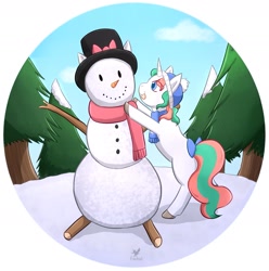 Size: 1515x1530 | Tagged: safe, artist:foxhatart, imported from derpibooru, oc, oc only, oc:mint, pony, unicorn, female, mare, simple background, snow, snowman, solo, tree, white background