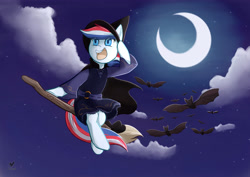 Size: 3684x2605 | Tagged: safe, artist:foxhatart, imported from derpibooru, oc, oc:britannia (uk ponycon), bat, pony, broom, cloud, flying, flying broomstick, hat, high res, mascot, moon, night, sky, solo, uk ponycon, witch hat, wizard hat