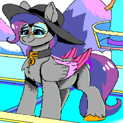 Size: 700x700 | Tagged: safe, artist:brainiac, imported from derpibooru, oc, oc only, pegasus, pony, chest fluff, collar, colored wings, cute, female, g5, limited palette, mare, my little pony: a new generation, pegasus oc, pixel art, pregnant, solo, wings