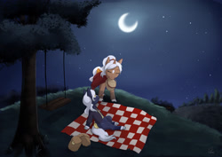 Size: 2046x1447 | Tagged: safe, artist:foxhatart, imported from derpibooru, oc, oc only, oc:cookie dough, pony, unicorn, bag, basket, clothes, female, mare, moon, night, picnic basket, picnic blanket, saddle bag, stars, swing, tree