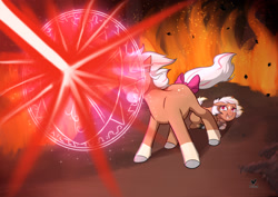 Size: 2046x1447 | Tagged: safe, artist:foxhatart, imported from derpibooru, oc, oc only, oc:cinnamon, oc:cookie cutter, pony, female, filly, fire, force field, magic, mare, mother and child, mother and daughter, protecting