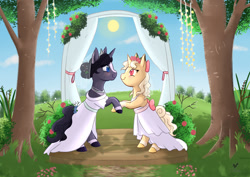 Size: 2046x1447 | Tagged: safe, artist:foxhatart, imported from derpibooru, oc, oc only, oc:gold dust, oc:lavender rose, pony, unicorn, clothes, dress, duo, female, lesbian, mare, marriage, scenery, tree, wedding, wedding dress
