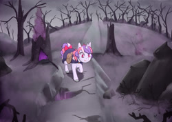 Size: 2046x1447 | Tagged: safe, artist:foxhatart, imported from derpibooru, oc, oc only, pony, unicorn, clothes, female, forest, scared, solo, spooky, tree stump