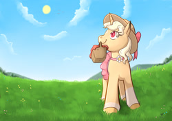 Size: 1447x1020 | Tagged: safe, artist:foxhatart, imported from derpibooru, oc, oc only, oc:gold dust, pony, unicorn, basket, clothes, female, grass, hat, mare, mouth hold, skirt, solo, sun