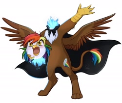 Size: 2012x1690 | Tagged: safe, artist:foxhatart, imported from derpibooru, oc, oc only, oc:rainbow feather, dullahan, griffon, hippogriff, cape, clothes, disembodied head, headless, high res, interspecies offspring, magical lesbian spawn, modular, offspring, open mouth, parent:gilda, parent:rainbow dash, parents:gildash, simple background, solo, spread wings, white background, wings