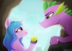 Size: 2900x2068 | Tagged: safe, artist:andaluce, imported from derpibooru, izzy moonbow, spike, dragon, pony, unicorn, ball, cave, eyebrows, eyebrows visible through hair, g5, happy birthday mlp:fim, high res, lineless, looking at each other, looking at someone, mlp fim's eleventh anniversary, my little pony: a new generation, older, older spike, smiling, tennis ball, unshorn fetlocks