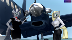 Size: 3840x2160 | Tagged: safe, artist:antonsfms, imported from derpibooru, zecora, oc, oc:dejavecu, anthro, unicorn, zebra, 3d, aircraft, airport, anniversary, aviation, birthday, clothes, crew, dress, embraer, fancy, flight attendant, formal attire, hand on hip, happy birthday mlp:fim, high res, horn, makeup, mlp fim's eleventh anniversary, mohawk, outdoors, pilot, plane, propeller, scarf, source filmmaker, stockings, talking, thigh highs, unicorn oc, uniform