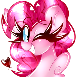 Size: 1280x1280 | Tagged: safe, artist:ladylullabystar, imported from derpibooru, pinkie pie, pony, chest fluff, long eyelashes, one eye closed, simple background, solo, transparent background, wink