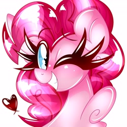 Size: 4096x4096 | Tagged: safe, artist:ladylullabystar, imported from derpibooru, pinkie pie, earth pony, pony, absurd resolution, chest fluff, grin, heart, long eyelashes, looking at you, one eye closed, simple background, smiling, smiling at you, solo, white background, wink, winking at you