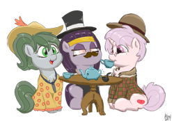Size: 3024x2100 | Tagged: safe, artist:wispy tuft, imported from derpibooru, oc, oc:mummydew, oc:pitchblende, oc:red pill, earth pony, elephant, undead, unicorn, bowler hat, clothes, cute, dress, egyptian, egyptian pony, fancy, female, filly, foal, hat, high res, mummy, pipe, simple background, suit, sundress, tea party, top hat, transparent background, wholesome