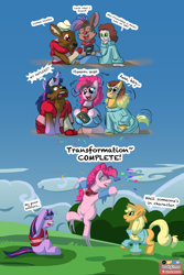Size: 2000x3000 | Tagged: safe, artist:dustyerror, imported from derpibooru, applejack, pinkie pie, twilight sparkle, oc, oc:cassette, oc:dell, oc:trevor fox, deer, earth pony, human, mouse, pony, unicorn, applejack's hat, arm warmers, art trade, blue background, blushing, character to character, chin stroke, clothes, collar, cowboy hat, descriptive noise, dialogue, distressed, emanata, excited, eyes closed, female, furry, furry oc, furry to pony, gasp, glasses, happy, hat, head in hooves, high res, human oc, human to pony, jacket, jumping, male to female, mare, onomatopoeia, open mouth, open smile, raised hoof, reality shift, rule 63, simple background, sitting, smiling, speech bubble, sweater, transformation, transformation sequence, transgender transformation, trio, underhoof, unicorn twilight, varying degrees of want, vhs