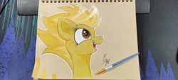 Size: 4000x1800 | Tagged: safe, artist:engi, imported from derpibooru, spitfire, pegasus, pony, happy, pencil, photo, solo, traditional art, watercolor painting
