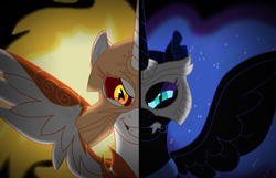 Size: 1024x659 | Tagged: safe, artist:faitheverlasting, imported from derpibooru, daybreaker, nightmare moon, alicorn, pony, angry, evil grin, grin, gritted teeth, korgano, mane of fire, masaka, mask, masks, simple background, smiling, split screen, star trek, star trek: the next generation, two sides