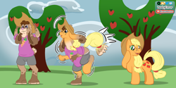 Size: 3000x1500 | Tagged: safe, artist:dustyerror, imported from derpibooru, applejack, oc, oc:trickster, earth pony, pony, rabbit, animal, apple, apple tree, applejack's hat, character to character, clothes, cowboy hat, female, furry, furry oc, furry to pony, glasses, happy, hat, high res, hoof on cheek, looking back, male to female, mare, open mouth, open smile, rule 63, shirt, shorts, smiling, solo, transformation, transformation sequence, transgender transformation, tree