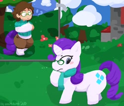 Size: 1280x1090 | Tagged: safe, artist:itoakami, imported from derpibooru, rarity, oc, oc:cassette, human, pony, unicorn, ..., blush sticker, blushing, character to character, clothes, exclamation point, glasses, human oc, human to pony, interrobang, looking back, male to female, pants, question mark, raised hoof, rule 63, scarf, solo, sweater, transformation, transgender transformation, wide eyes