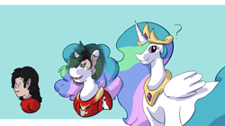 Size: 1280x715 | Tagged: safe, artist:dustyerror, imported from derpibooru, princess celestia, oc, oc:neo, alicorn, human, pony, blue background, bust, character to character, clothes, crown, female, hair over one eye, human oc, human to pony, jewelry, male to female, mare, open mouth, out of frame, peytral, portrait, question mark, regalia, ripping clothes, rule 63, shirt, simple background, solo, swirly eyes, transformation, transformation sequence, transforming clothes, transgender transformation