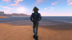 Size: 1920x1080 | Tagged: safe, artist:is_a_ponye, imported from derpibooru, oc, oc:sapphire white, anthro, fallout equestria, beach, clothes, fallout, fallout 4, fallout 4 equestria mod, hat, male, mod, post-apocalyptic, raider, suit, sunrise