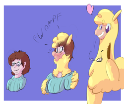 Size: 1280x1072 | Tagged: safe, artist:dustyerror, imported from derpibooru, oc, oc:cassette, alpaca, human, them's fightin' herds, blue background, bust, character to character, clothes, community related, floating heart, fluffy, glasses, grin, heart, hoof on neck, human oc, male to female, onomatopoeia, paprika (tfh), portrait, ripping clothes, rule 63, simple background, smiling, solo, sweater, transformation, transformation sequence, transgender transformation, wavy mouth