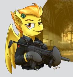 Size: 1920x2018 | Tagged: safe, artist:buckweiser, imported from derpibooru, spitfire, pegasus, pony, clothes, clover, eotech, gun, looking at you, mp7, uniform, weapon