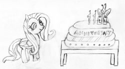 Size: 1482x817 | Tagged: safe, artist:kuco, imported from derpibooru, fluttershy, breezie, pony, cake, candle, food, happy birthday mlp:fim, mlp fim's eleventh anniversary, monochrome, solo, traditional art