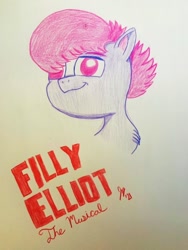 Size: 768x1024 | Tagged: safe, artist:jesslmc16, imported from derpibooru, pegasus, pony, art, billy elliot, chest fluff, colored pencil drawing, filly elliot, g5, my little pony: a new generation, reference, solo, traditional art