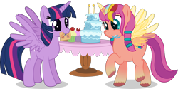 Size: 3025x1516 | Tagged: safe, artist:thatusualguy06, imported from derpibooru, sunny starscout, twilight sparkle, alicorn, pony, alicornified, artificial wings, augmented, aweeg*, backwards cutie mark, base used, birthday cake, cake, cupcake, cute, duo, duo female, eating, female, food, g4, g5, g5 to g4, happy birthday mlp:fim, herbivore, magic, magic horn, magic wings, mare, messy eating, mlp fim's eleventh anniversary, mouth hold, my little pony: a new generation, puffy cheeks, race swap, raised hoof, simple background, spread wings, sunny and her heroine, sunnybetes, sunnycorn, table, transparent background, twiabetes, twilight sparkle (alicorn), unshorn fetlocks, vector, wings