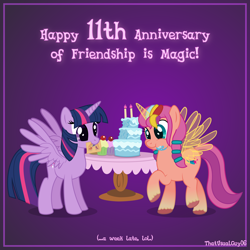 Size: 3208x3208 | Tagged: safe, artist:thatusualguy06, imported from derpibooru, sunny starscout, twilight sparkle, alicorn, pony, alicornified, artificial wings, augmented, aweeg*, backwards cutie mark, base used, birthday cake, cake, cupcake, cute, duo, duo female, eating, female, food, g4, g5, g5 to g4, gradient background, happy birthday mlp:fim, herbivore, high res, magic, magic horn, magic wings, mare, messy eating, mlp fim's eleventh anniversary, mouth hold, my little pony: a new generation, puffy cheeks, race swap, raised hoof, spread wings, sunnybetes, sunnycorn, table, text, twiabetes, twilight sparkle (alicorn), unshorn fetlocks, vector, wings