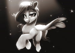 Size: 2829x2000 | Tagged: safe, alternate version, artist:light262, imported from derpibooru, pipp petals, pegasus, pony, cheek fluff, chest fluff, chromatic aberration, dark, ear fluff, female, fluffy, g5, grayscale, high res, hoof fluff, leg fluff, lidded eyes, looking at you, mare, monochrome, my little pony: a new generation, no pupils, open mouth, smiling, smiling at you, solo, sparkles, spotlight, spread wings, unshorn fetlocks, wing fluff, wings
