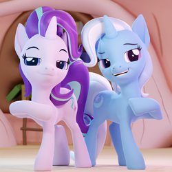 Size: 1920x1920 | Tagged: safe, artist:xppp1n, imported from ponybooru, starlight glimmer, trixie, unicorn, 3d, blender, blender cycles, female, golden oaks library, mare, smiling, smug