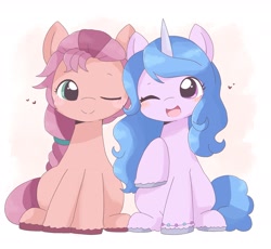 Size: 2219x2043 | Tagged: safe, artist:ginmaruxx, imported from derpibooru, izzy moonbow, sunny starscout, earth pony, pony, unicorn, spoiler:my little pony: a new generation, blushing, bracelet, cute, female, g5, heart, izzybetes, izzyscout, jewelry, lesbian, my little pony: a new generation, one eye closed, open mouth, raised hoof, shipping, simple background, sunnybetes, white background