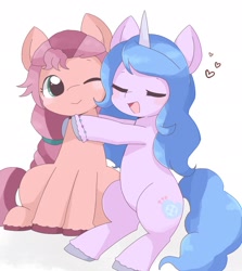 Size: 1864x2089 | Tagged: safe, artist:ginmaruxx, imported from derpibooru, izzy moonbow, sunny starscout, earth pony, unicorn, spoiler:my little pony: a new generation, cute, female, g5, heart, hug, izzybetes, izzyscout, lesbian, mare, my little pony: a new generation, shipping, simple background, sunnybetes, white background