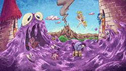Size: 1920x1080 | Tagged: safe, artist:2snacks, smooze, earth pony, pegasus, pony, castle, painting, screaming, volcano
