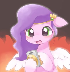 Size: 1483x1534 | Tagged: safe, artist:ginmaruxx, imported from derpibooru, pipp petals, pegasus, pony, cellphone, female, fire, g5, mare, phone, smartphone, solo