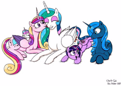 Size: 1920x1357 | Tagged: safe, artist:killerteddybear94, imported from derpibooru, princess cadance, princess celestia, princess flurry heart, princess luna, twilight sparkle, alicorn, :p, alicorn pentarchy, cute, cutedance, cutelestia, face licking, flurrybetes, licking, lunabetes, lying down, mlp fim's eleventh anniversary, s1 luna, smiling, tongue out, traditional art, twiabetes, twilight sparkle (alicorn)