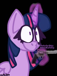 Size: 768x1024 | Tagged: safe, artist:sakixdeviantart, imported from derpibooru, twilight sparkle, alicorn, pony, black background, delet this, female, glow, glowing horn, gun, handgun, horn, magic, meme, revolver, simple background, telekinesis, twilight snapple, twilight sparkle (alicorn), weapon