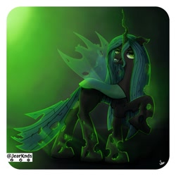 Size: 2250x2250 | Tagged: safe, artist:jearknds, imported from derpibooru, queen chrysalis, changeling, changeling queen, female, high res, lidded eyes, raised hoof, signature, solo