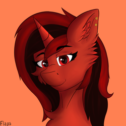 Size: 5000x5000 | Tagged: safe, artist:flapstune, imported from derpibooru, oc, oc only, oc:flaps tune, pony, unicorn, bust, cheek fluff, ear fluff, ear piercing, earring, female, fluffy, horn, jewelry, mare, orange background, piercing, signature, simple background, smiling, solo, unicorn oc