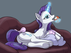 Size: 2048x1536 | Tagged: safe, artist:rnghat, imported from derpibooru, rarity, pony, unicorn, apple, bow, butt, couch, female, food, glowing, glowing horn, horn, magic, mare, plot, rearity, solo, tail, tail bow, telekinesis