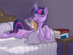 Size: 2048x1536 | Tagged: safe, artist:rnghat, imported from derpibooru, twilight sparkle, pony, unicorn, bed, bibliophile, book, cargo ship, female, glowing, glowing horn, horn, kissing, licking, magic, making out, pillow, shipping, solo, telekinesis, that pony sure does love books, tongue out, twibook, unicorn twilight