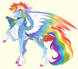 Size: 1201x1068 | Tagged: safe, artist:dipper-amajiki, artist:wanderingpegasus, imported from derpibooru, rainbow dash, pegasus, pony, alternate hairstyle, chest fluff, colored wings, female, mare, markings, raised hoof, solo, unshorn fetlocks, wings