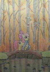 Size: 833x1182 | Tagged: safe, artist:iistarshineii, imported from derpibooru, apple bloom, earth pony, pony, autumn, bridge, clothes, female, filly, forest, leaves, scarf, solo, striped scarf, tree, water