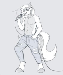 Size: 750x894 | Tagged: safe, imported from derpibooru, oc, oc only, oc:verano, anthro, clothes, jeans, male, microphone, pants, partial nudity, singing, topless