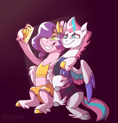 Size: 1831x1905 | Tagged: safe, artist:kattylender, imported from derpibooru, pipp petals, zipp storm, pegasus, pony, adorapipp, adorazipp, cellphone, clothes, cute, duo, female, g5, mare, no pupils, phone, royal sisters (g5), selfie, siblings, sisters, sitting, slumber party, smartphone, that pony sure does love phones