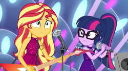 Size: 1920x1068 | Tagged: safe, imported from derpibooru, screencap, sci-twi, sunset shimmer, twilight sparkle, equestria girls, equestria girls series, spring breakdown, spoiler:eqg series (season 2), all good (song), bare shoulders, electric guitar, guitar, microphone, microphone stand, musical instrument, shrunken pupils, sleeveless, speaker, stage